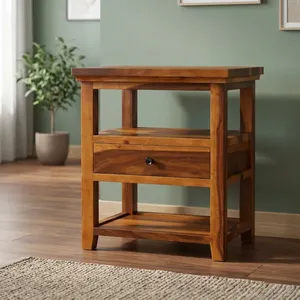 Table de chevet en bois massif Sheesham avec 1 tiroir et 2 compartiments de rangement, table d'appoint en bois pour chambre à coucher, salon - Product Image 5