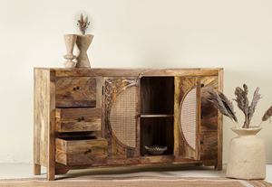 Aparador de Madera de Mango Tallado a Mano con Puertas de Ratán, Mueble de Almacenamiento Rústico, Mueble Boho para Sala de Estar - Product Image 2
