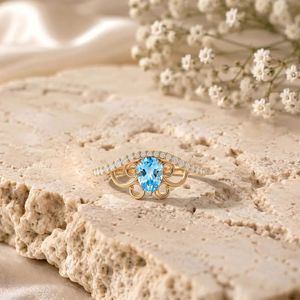 แหวนแต่งงานโทแพซสีฟ้าธรรมชาติทรงลูกแพร์ ทำมือ เงินแท้ 925 ชุบทอง 18K เครื่องประดับงานแต่งงาน ของขวัญเครื่องประดับชั้นดี - Product Image 3