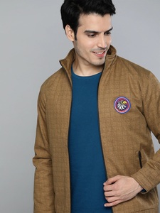 Men's Brown Corduroy Bomber <b>Jacket</b> Stand Collar Zipper Front Casual Solid Color Slim Fit Badge Decoration Autumn Wear - Product Image 3
