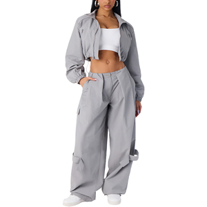 <b>Women's</b> Gray Nylon Windbreaker Tracksuit Set Loose Fit crop top <b>jacket</b> <b>Cargo</b> Pants Zipper <b>Jacket</b> summer windbreaker suit set - Product Image 1