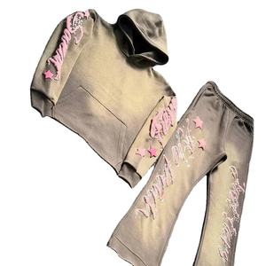 Haute Qualité Lavage À L'acide Vintage Évasé Survêtements Ensemble XL Taille À Capuche Sweatspants avec Logo Plus La Taille Ac Sweatsuitid Acid Wash - Product Image 1