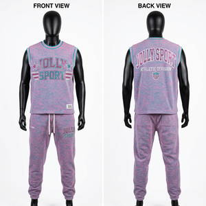 Conjunto de pantalón sin mangas de algodón y poliéster de 320 GSM, color rosa jaspeado, con estampado de logotipo DTG en relieve, camiseta y pantalón para hombre. - Product Image 1