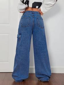Jean en denim taille haute pour femme, bleu foncé moyen, coupe large, décontracté, avec bretelles à nœud, style cargo streetwear - Product Image 6