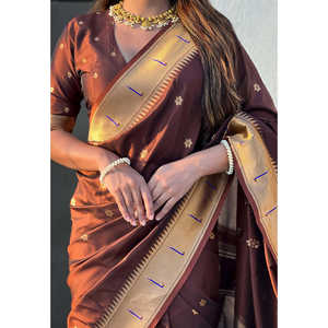 Sari de Seda Paithani Tradicional Tejido con Hilo Zari de Café Elite Weaves, Ropa India y Pakistaní Especial - Product Image 5