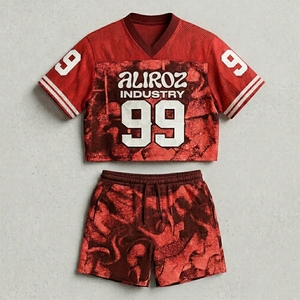 Conjunto Deportivo Personalizado de Malla Transpirable Aliroz Industry, Top Corto con Cuello en V y Pantalones Cortos con Cordón, Impresión por Sublimación - Product Image 1