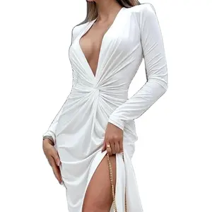 Sexy Deep V Long Sleeve Split Women's white Dress 2024 Folded Waist Maxi Female Bodycon Elegant Party Club Evening Dress