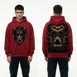 Sweat à capuche personnalisé pour homme, rouge, effet délavé vintage, imprimé loup, streetwear, pull en molleton de coton épais, fournisseur de vêtements - Product Image 2
