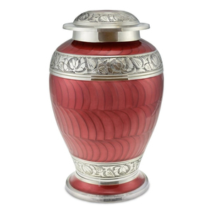 Handcrafted Red Enamel Funeral Memorial <b>Urn</b> With Silver Engraved Nickel Bands <b>Large</b> Adult Brass Cremation <b>Urn</b> For Human Ashes - Product Image 1
