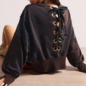 Custom 2026 Women Cropped Sweatshirt Lace Up <b>Back</b> Pullover Casual Streetwear Top Loose Long Sleeve Fashion Hoodie - Product Image 3