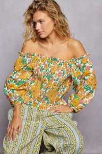 POL Floral Digital Print <b>Off</b>-<b>Shoulder</b> Smocked Crop Loose Summer Canvas 100% Cotton Blouse - Product Image 5