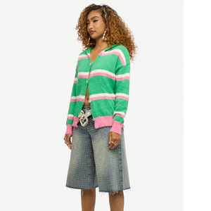Women’s Striped Hooded <b>Cardigan</b> <b>Sweater</b> Custom Knit Button Front Oversized Casual Fashion <b>Sweater</b> OEM ODM Manufacturer - Product Image 3