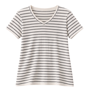 Haut en tricot côtelé rayé à col en V pour femme, manches courtes, coupe ajustée, décontracté, été, extensible, doux, élégant, pour tous les jours - Product Image 1