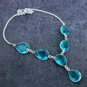 Indicolite Tourmaline 925 Sterling <b>Silver</b> Plated Luxury Handmade Link Chain Necklace Pear Shape Blue Gemstones Wedding Gift - Product Image 2