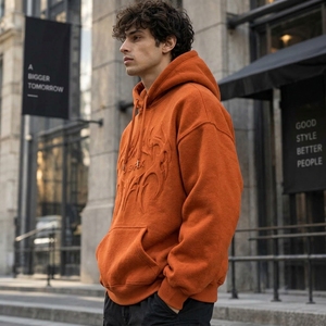 <b>Men's</b> <b>Orange</b> Hoodie Oversized Embossed Hoodie Streetwear Pullover Hooded <b>Sweatshirt</b> Front Logo Wholesale - Product Image 4