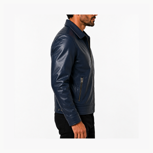 Veste moto en cuir véritable bleu pour homme avec fermeture éclair, col rabattable, coupe ajustée, vêtements d'hiver - Product Image 4