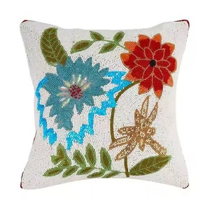 Luxury Seed Beads Embroidered Decorative <b>Cushion</b> Cover Handmade Beaded Embroidery Floral <b>Cushion</b> Cover Design - Product Image 5