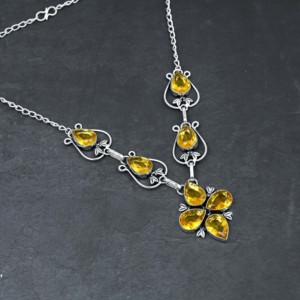 Handmade Yellow Citrine <b>Solid</b> 925 Sterling <b>Silver</b> <b>Necklace</b>, Natural Garnet Quartz Gemstone Jewelry Children Gift High Quality - Product Image 1