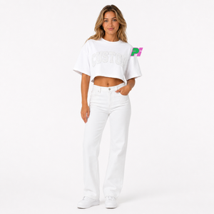 Crop top pour femme, broderie personnalisée, col rond, manches courtes, coupe ample, t-shirt décontracté, printemps été, 100% coton - Product Image 2