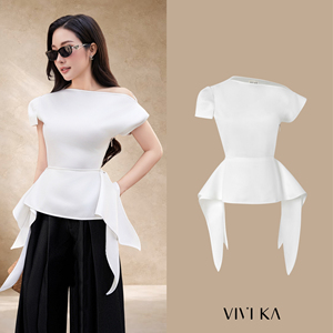 เสื้อผู้หญิงแบบไหล่เดียว แต่งระบายไม่สมมาตร สีขาวล้วน แขนสั้นทรงแคป ดีไซน์หรูหรา สวมใส่สบาย เหมาะสำหรับใส่ทำงานหรือลำลอง ทรงเปปลัม ผ้าโพลีเอสเตอร์ทอ ยี่ห้อ LUMI - Product Image 1