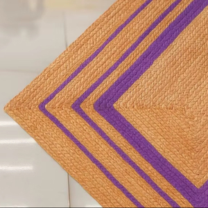 Tapis en jute rustique fait main de style bohème avec bordure blanche, tapis naturel tressé - Product Image 1