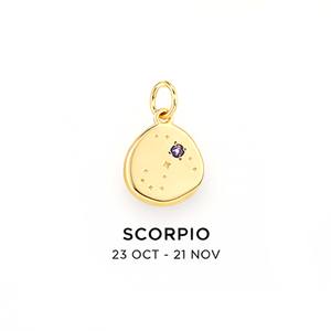 Colgante de Moneda del Zodíaco Escorpio Bañado en Oro con Piedra de Nacimiento Púrpura, Disco Redondo con Horóscopo para Fabricación de Joyas y Collares - Product Image 1