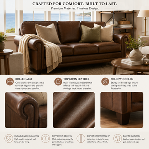 Sofá Chesterfield Tradicional de Cuero Genuino, 3 Plazas, Brazos Redondos, Respaldo Ajustado, Patas de Madera Tapizadas, Sofá de Cuero para Sala de Estar - Product Image 4