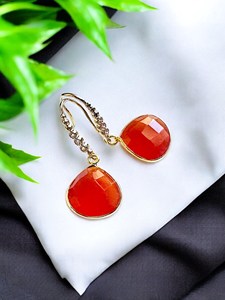 Carnelian Gemstone <b>Earrings</b> Orange Leaf Dangle 925 Sterling <b>Silver</b> 14K Gold Plated Boho Jewelry Gift For Women - Product Image 2