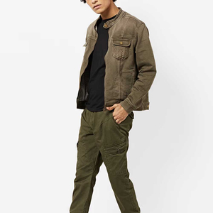 Veste en jean en coton vert olive pour homme, coupe classique, fermeture éclair, style décontracté, couleur unie, poches, détails surpiqués, vêtement d'automne - Product Image 4