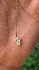 Women's 1+1CT Two Stone Diamond Necklace <b>Emerald</b> Pear Cut Lab Grown Diamond <b>Pendant</b> IGI Certified 14K Yellow Gold Classic - Product Image 3