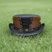 Chapeau haut de forme en cuir marron style steampunk avec bande de conchos en nickel motif buffle, unisexe, pour adultes, 56-58 cm