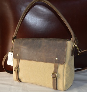 Canvas <b>Messenger</b> <b>Bag</b> With <b>Leather</b> Flap Vintage Style Hasp Closure Two Straps Water Resistant For Daily Use - Product Image 4