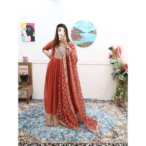 DISEÑADOR GEORGETTE BORDADO SECUENCIA CODIFICACIÓN BATA DE TRABAJO CON DUPATTA NARANJA - Product Image 1