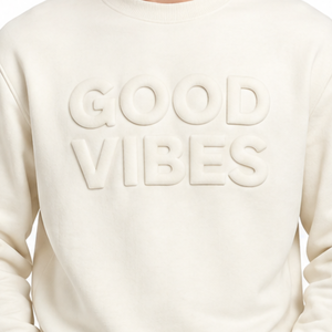 เสื้อสเวตเชิ้ตคอกลมสีครีมสำหรับผู้ชาย ลายตัวอักษร Good Vibes ทรงปกติ ผ้าถักเนื้อฝ้าย ใส่ได้ในฤดูใบไม้ร่วง - Product Image 3