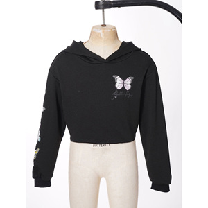 Sudadera corta con estampado de mariposas para mujer, sudadera informal de manga larga, ropa de otoño de punto negra - Product Image 1