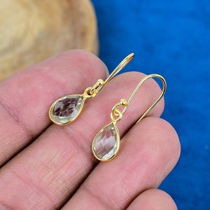 Natural <b>Green</b> Amethyst Pear Shaped Gemstone Teardrop <b>Earring</b> Handmade 18k Micron Gold Over 925 Sterling Silver - Product Image 3