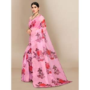 ORGANZA SUAVE DE BASE REGULAR CON TRABAJO DE SECUENCIA CON IMPRESIÓN DIGITAL SAREE ROSA - Product Image 1