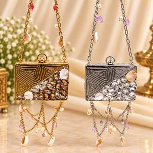 Designer Gold and Silver Tone Metal Box Clutch <b>with</b> Pearl Beading Filigree Arch Draped <b>Fringe</b> Fashion Classic Chain Strap - Product Image 4
