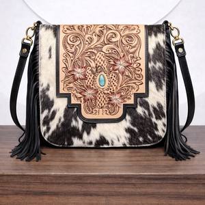 Nuevo Bolso de Hombro de Cuero Tallado a Mano con Flecos, Estilo Bohemio Gitano Vintage, Hecho a Mano, con Pelo de Piel, Bolsos Elegantes - Product Image 4