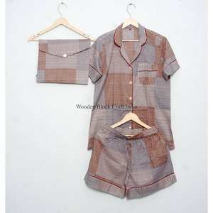 Short sleepwear Dress 100% Cotton <b>women</b> pajama set 3-Pcs Short Sleeve sleepwear PJ Set and Shorts <b>Lounge</b> Wear - Product Image 5