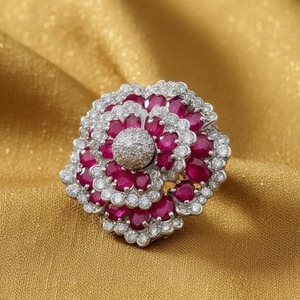 Broche Fleur Rubis Rose Plaqué Or 14 carats Bijou Statement Art Déco Argent 925 Diamant Unique Femme & Homme Mariage - Product Image 2