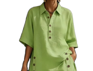 Ensemble 2 pièces en coton pour femme, vert, col rabattu, boutons sur le devant, coupe décontractée, tenue printemps-été - Product Image 4