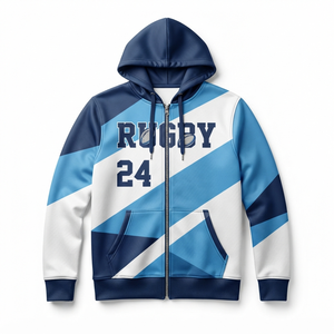 Sweat à capuche zippé de rugby pour homme, veste sportive bleue et blanche avec blocs de couleur, imprimé par sublimation, respirant, coupe classique, pour l'automne - Product Image 1