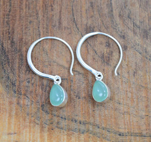 <b>Handmade</b> Silver Aqua Chalcedony Teardrop Hoop <b>Earrings</b> Minimalist Gemstone Boho Jewelry Women - Product Image 3