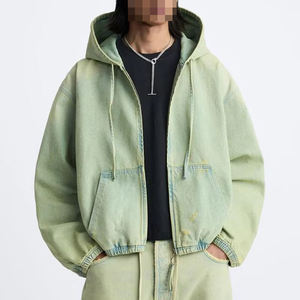 Sudadera con capucha de mezclilla vintage para hombre, estilo trabajador, pesada, desgastada, con cremallera, oversize, personalizada, de moda urbana - Product Image 2