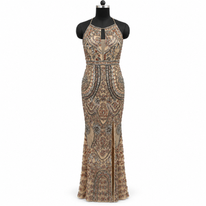 Luxury Art Deco Sequin Halter Gown Open Back Sleeveless High Slit Floor Length Embellished Evening <b>Dress</b> | Formal Party Wear New - Product Image 1