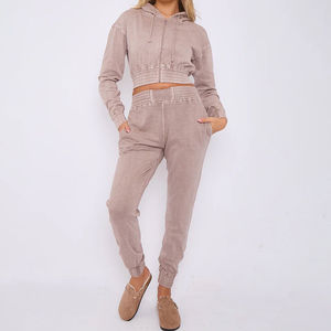 Ensemble de survêtement pour femme avec sweat à capuche court et pantalon de jogging effet délavé, motif uni, hiver, prix promotionnel, survêtements personnalisés pour femme - Product Image 1