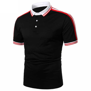 Camisa de Manga Corta Negra para Hombre con Cuello con Ribete Rojo y Blanco, Tejido Casual, Transpirable, 100% Algodón, Diseño Sólido - Product Image 3