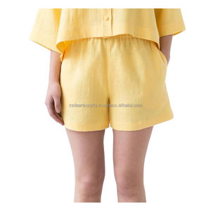 Pantalones cortos de cintura alta de lino y algodón cómodos para mujer en amarillo elegante Casual ajuste suelto con bolsillos estilo relajado de verano fresco - Product Image 1