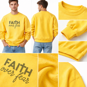 Sudadera Amarilla Extra Grande para Hombre, con Texto de Pedrería “Faith Over Fear”, Mezcla de Algodón Suave, Estilo Casual Urbano - Product Image 5